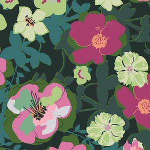 May include: A dark green background with a floral pattern featuring pink, green, and white flowers. The flowers are stylized and have a whimsical feel.