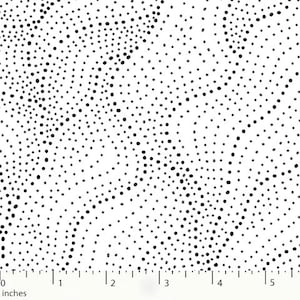 May include: White fabric with a black and gray polka dot pattern. The dots are arranged in a random, swirling pattern.