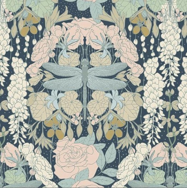 The image is a vibrant and intricate floral pattern featuring a variety of flowers, leaves, and a dragonfly. The colors used are predominantly green, pink, and white, creating a visually striking and harmonious composition.