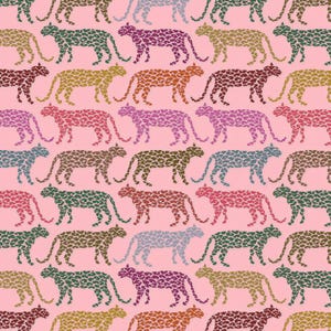 May include: A repeating pattern on a light pink background featuring stylized leopards in various colors including dark green, magenta, mustard yellow, orange, maroon, light blue, and grey, each filled with a small, darker leopard print texture.