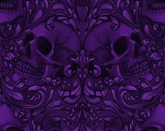 Skull Damask - Purple, Rachel Hauer, Free Spirit Fabrics, Quilting Cotton, Fabric By The Half Yard, Halloween Fabric