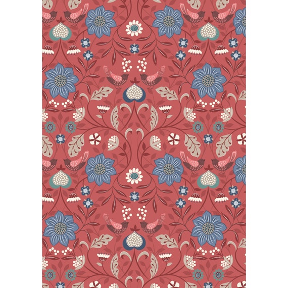 Lewis /& Irene /'Michaelmas/' Little Bird Floral on Soft Red