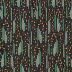 May include: A repeating pattern of stylized orange bell-shaped flowers and green leaves on a dark background. The floral design is symmetrical, with vertical stems and curved flower clusters, creating a botanical theme.