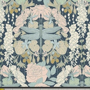 The image is a vibrant and intricate floral pattern featuring a variety of flowers, leaves, and a dragonfly. The pattern is composed of multiple layers and elements, creating a visually striking and detailed design.