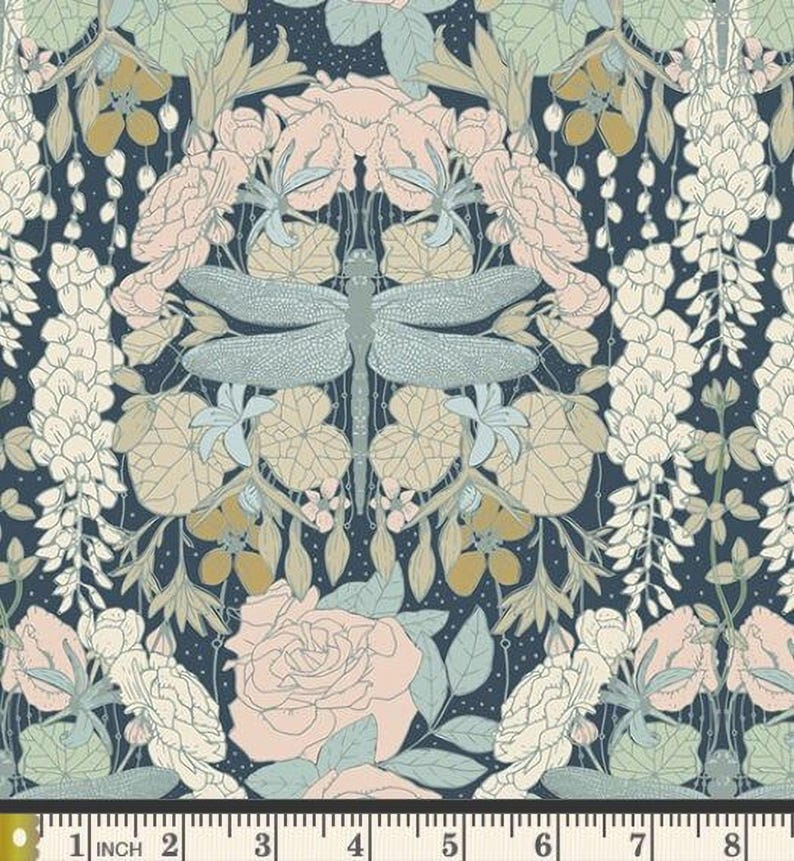 The image is a vibrant and intricate floral pattern featuring a variety of flowers, leaves, and a dragonfly. The pattern is composed of multiple layers and elements, creating a visually striking and detailed design.