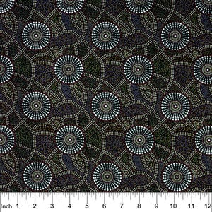 May include: A fabric with a repeating pattern of white and light green dotted circles on a dark background. The circles are surrounded by a network of smaller dots in various shades of green and blue. The pattern is measured in inches.