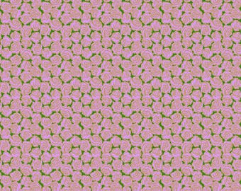 May include: A seamless pattern of pink roses with yellow centers on a green background. The roses are densely packed, creating a floral design. The image is a repeating pattern of flowers.