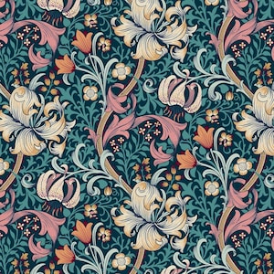 Golden Lily, PWWM028.TEAL, Morris & Co., Red House Collection, Free Spirit Fabrics, Quilt Fabric, Cotton Fabric, Fabric By The Half Yard