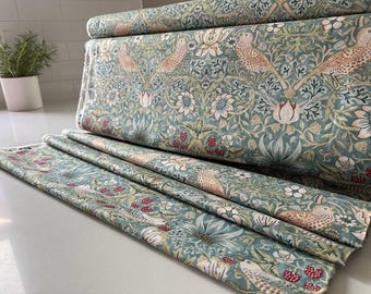 Strawberry Thief Aqua Cotton Fabric: William Morris Kelmscott Collection