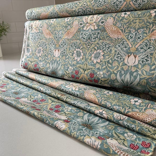 Strawberry Thief Aqua Cotton Fabric: William Morris Kelmscott Collection