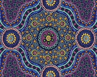 Wild Bush Flowers Purple, Aboriginal Cotton Fabric, Designed By Layla Campbell