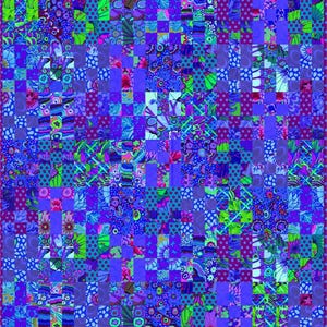 The image is a vibrant and colorful collage composed of various patterns, shapes, and textures in shades of blue, purple, green, and pink. The collage appears to be a patchwork quilt or a textile artwork, with each piece contributing to the overall visual impact.