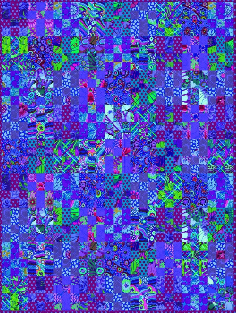 The image is a vibrant and colorful collage composed of various patterns, shapes, and textures in shades of blue, purple, green, and pink. The collage appears to be a patchwork quilt or a textile artwork, with each piece contributing to the overall visual impact.