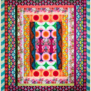 May include: A colorful, handmade quilt with a vibrant floral and geometric pattern. The quilt features a central rectangle with a floral design, surrounded by concentric borders of various patterns and colors, including orange, pink, green, and blue. The quilt is a patchwork design.