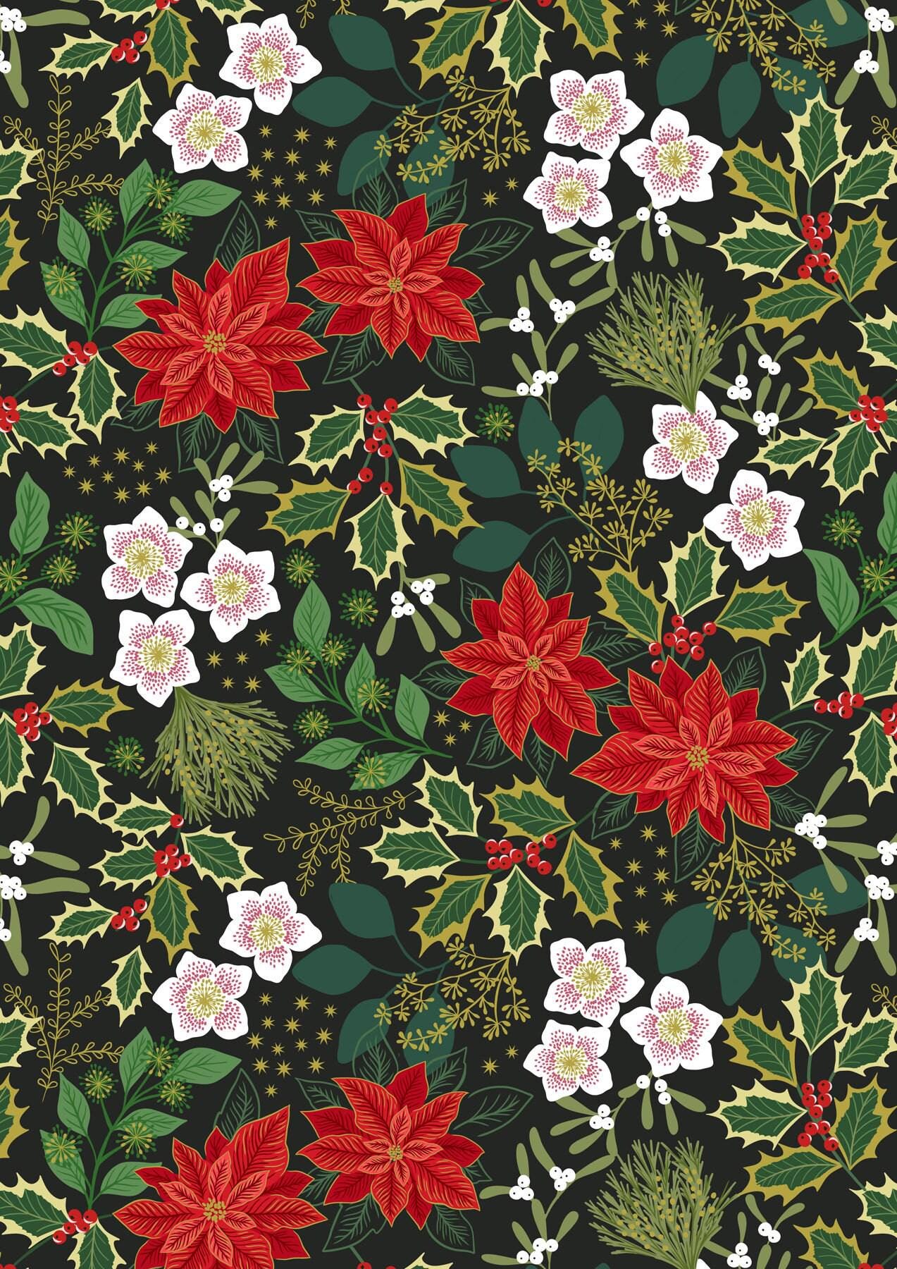 Festive Floral- Black With Gold, Lewis & Irene, C104-3, Quilting
