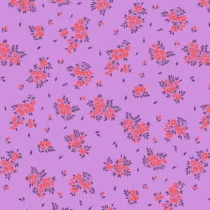 May include: A seamless pattern featuring clusters of coral-colored flowers with dark purple leaves scattered across a light purple background. The floral design is repeated throughout the image, creating a visually appealing and consistent pattern.