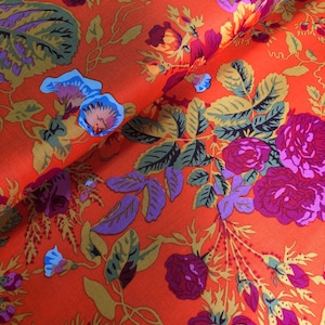 Gradi Floral Tomato, PWPJ053, Kaffe Fassett fabric, Philip Jacobs, Free Spirit Fabrics, Quilt Fabric, Orange, Lavender, Fabric By the Yard