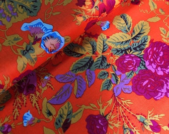 Gradi Floral Tomato, PWPJ053, Kaffe Fassett fabric, Philip Jacobs, Free Spirit Fabrics, Quilt Fabric, Orange, Lavender, Fabric By the Yard