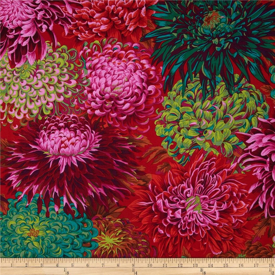 Japanese Chrysanthemum Scarlet PWPJ041, Kaffe Fassett Fabric, Philip Jacobs, Bright Floral
