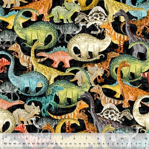 EVENING COMMUTE, Age of the Dinosaurs, Black, Windham Fabrics, Quilt Fabric, Cotton, Quilting, Dinosaur Fabric, Fabric By The Half Yard