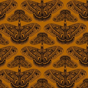 May include: A repeating pattern of detailed black moth illustrations on a warm, orange-brown background. The moths are depicted with intricate wing patterns and body details, creating a symmetrical design.