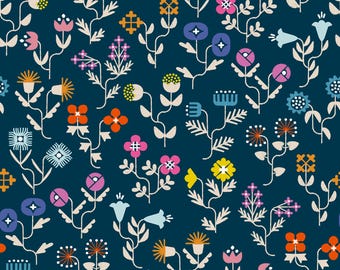 Forget Me Not Floral Canvas Fabric: Navy Cotton, Rashida Coleman-Hale Design