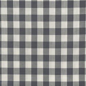 May include: A fabric textile featuring a classic gingham pattern with alternating squares of dark charcoal gray and off-white. The material displays a consistent woven texture with a repeating grid design across the entire surface of the cloth.