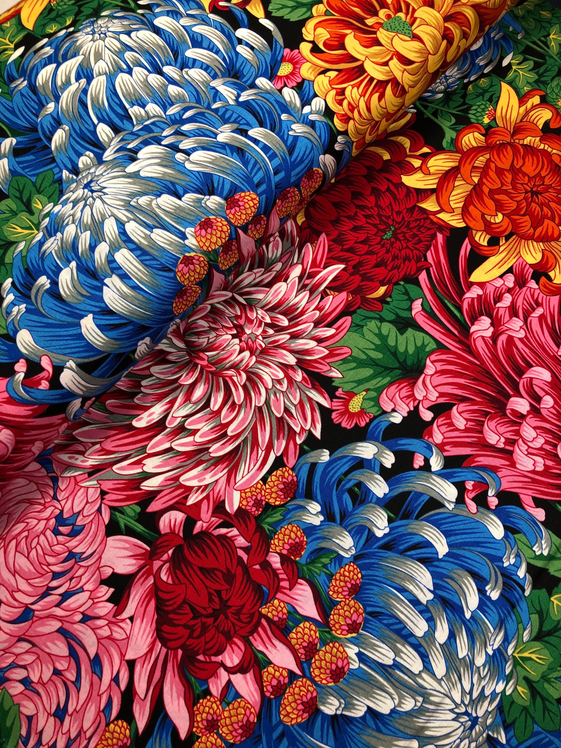 Hokusai's Mums Natural PWPJ107 Kaffe Fassett, Philip Jacobs, Quilt Fabric, Cotton Fabric, Quilting Fabric, Floral Fabric, Half Yard Fabric