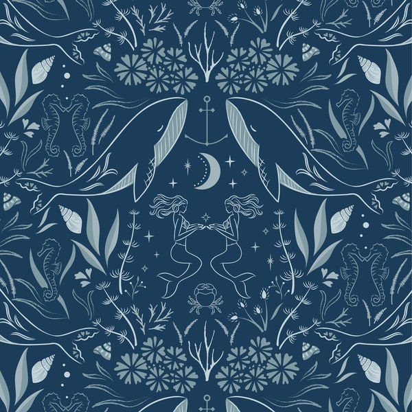 Enchanted Ocean, Midnight Blue, CC12.3, Lewis & Irene Fabric, Sounds of the Sea, Quilt Fabric, Cotton Fabric, Nautical, Fabric By the Yard