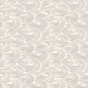 May include: A repeating pattern featuring light gray, hand-drawn style swirling lines and curved strokes set against a solid off-white background. The design consists of continuous, flowing wave-like motifs that create a sense of movement.