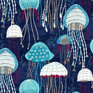 Jolly Jellyfish Navy DCX9954 Michael Miller Fabrics, Fanciful Sea Life, Quilt Fabric, Beach Decor, Cotton Fabric, Fabric By The Yard