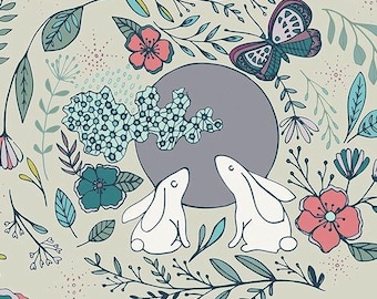 Moon Stories Cotton Quilt Fabric: Rabbits, Florals, Nightfall Collection - By The Half Yard