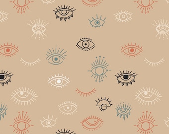 May include: A seamless pattern featuring various stylized eye designs in black, white, blue, red, and orange on a beige background. The eyes are drawn in a variety of styles, including simple outlines, detailed illustrations, and geometric shapes.