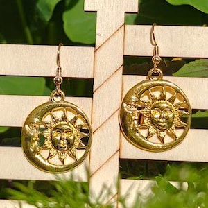Golden Crescent Moon and Sun Dangle Earrings
