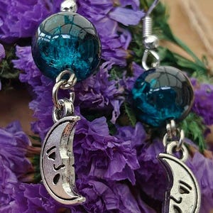 Blue Crescent Moon Dangle Earrings