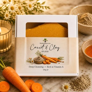 May include: A rectangular white box containing a solid orange carrot and clay spa bar. The label features the text MelAidSkincare Carrot & Clay SPA BAR, Deep Cleansing, Rich in Vitamin A, and 120g e, with illustrations of carrots and clay.