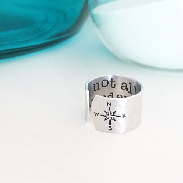 Not All Who Wander are Lost, Inspirational Quotes, Inspirational Gifts, Nautical Ring, Wanderlust, Compass Ring Jewelry, Nautical Jewelry