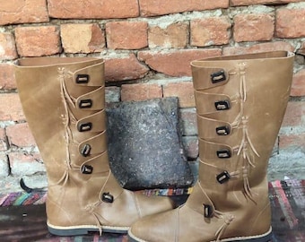Handmade Leather Medieval Boots: Vintage Button, LARP Costume.