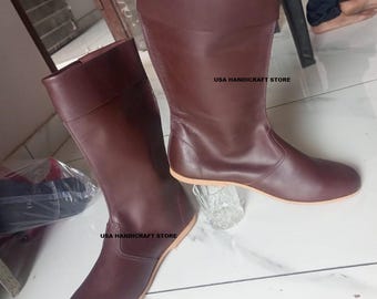 Handmade Leather Knee High Boots: Vintage Medieval Cosplay Style.