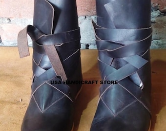 Handmade Medieval Leather Boots: Cross Strap LARP Costume.