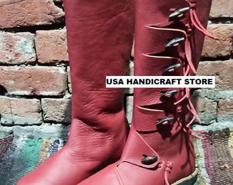 Handmade Red Leather Medieval Boots: Viking Cosplay LARP Shoes.