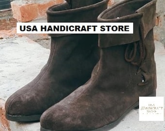 Handmade Medieval Suede Leather Boots – Ankle Height LARP Shoes – Renaissance Cosplay Footwear.