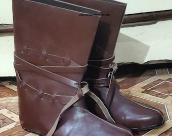 Handmade Natural Leather Medieval Boots – Wrap Style Viking Shoes – Cosplay & Renaissance Festival Footwear.