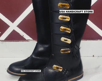 Handmade Natural Leather Boots – Horn Toggle Viking Shoes – Medieval Reenactment Footwear for Cosplay & LARP.