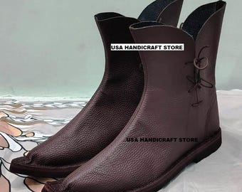 Handmade Medieval Leather Boots for Men | Viking Renaissance Shoes | Brown Soft Sole Reenactment Footwear.