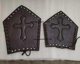 Medieval Leather Gauntlets with Cross – Handmade Wrist  Leg Armor for LARP, Cosplay & Renaissance.