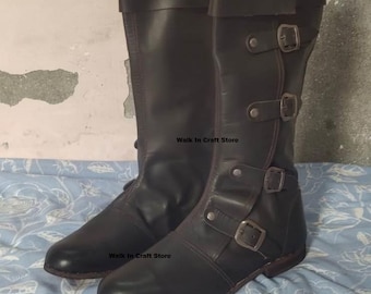 手作りの革製海賊ブーツ：中世バイキングLARP SCAルネッサンスコスプレ。