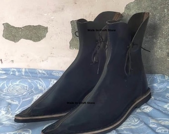 男性用手作り中世風レザーブーツ｜バイキング・ルネッサンスシューズ｜ソフトレザー製再現用フットウェア。