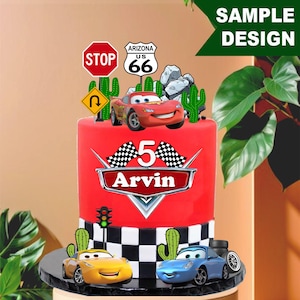 Décoration pour gâteau personnalisée sur le thème de la course | Modèle de toile modifiable | Anniversaire voitures rapides