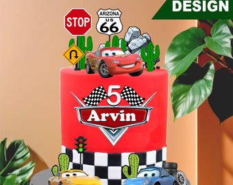 Adorno personalizado para tarta con temática de carreras / Plantilla editable de Canva / Tarta de cumpleaños con coches rápidos